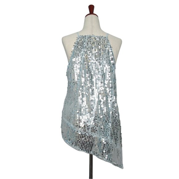 By Anthropologie Sequin Halter Tank Light Blue Silver - Small - Picture 2 of 12